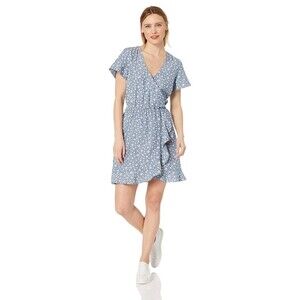 J. Crew Mercantile Dress Womens XS Blue Floral Chambray Denim Ruffle Faux Wrap